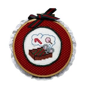 Handmade Christmas Ornament Cross Stitch Mouse Candy Cane Holiday Decor